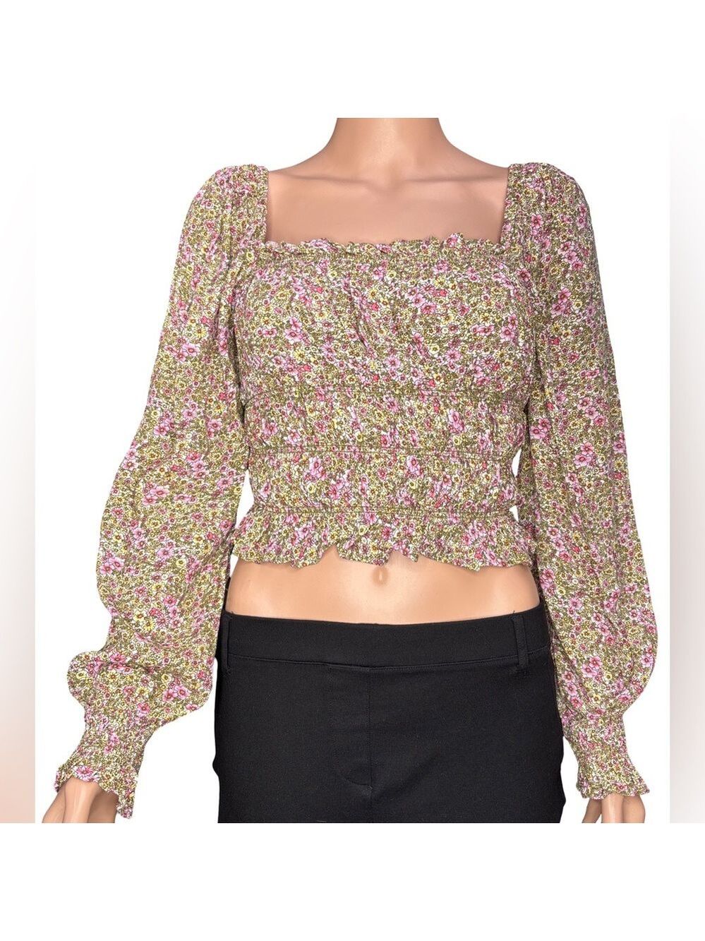 H&M Floral Smocked Long Sleeve Viscose Cropped Blouse - Pink and Green Small